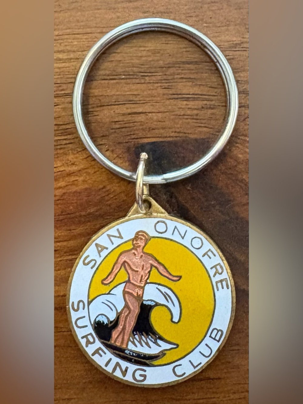 Vintage San Onofre Surfing Club Wave Keychain - Yellow and Gold Surf Emblem
